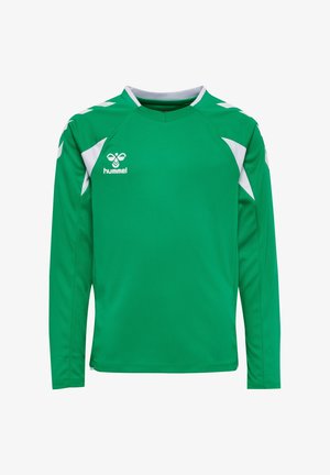Grünes Sporttrikot mit langen Ärmeln, weißen schrägen Streifen auf den Schultern und weißem Hummel-Logo auf der linken Brustseite.