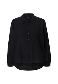 Chemise noire à manches longues avec boutons, col, manches retroussées et ourlet légèrement arrondi, présentée sur fond blanc.