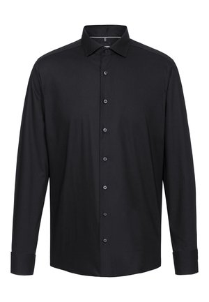 Zwarte longsleeve shirt van zachte stof, met een kraaghalslijn, knopen aan de voorkant en knoopmanchetten. Geen patronen of accenten aanwezig.