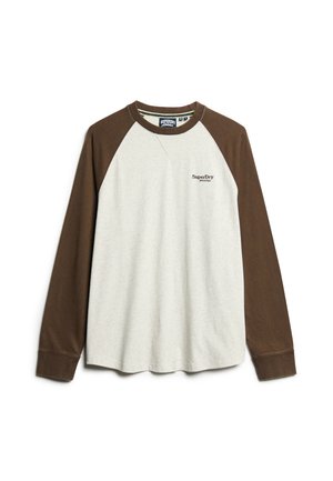 Light gray long-sleeve T-shirt with brown raglan sleeves, features a round neck and "SuperDry Athletics" logo on the front. Cotton blend fabric.