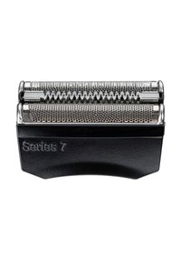 Braun Series 7 foil shaver head in silver and black. Features two metallic foils, mesh design, and a smooth, curved black base.