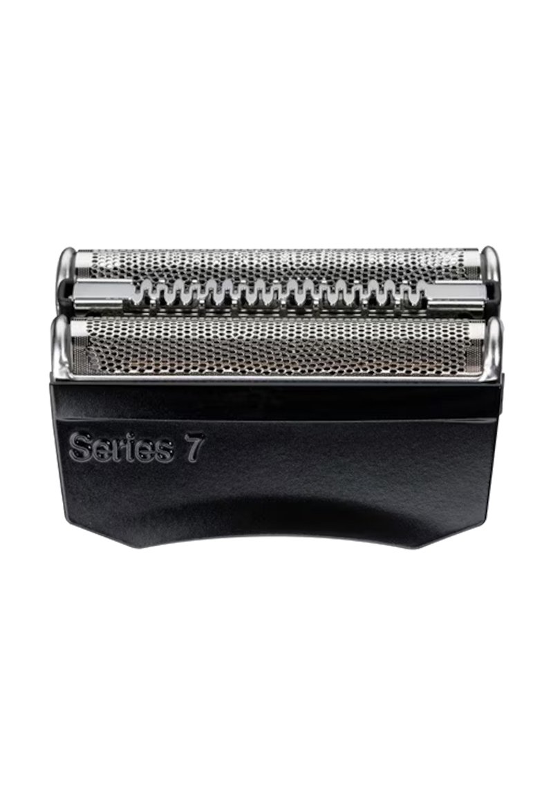 Braun Series 7 foil shaver head in silver and black. Features two metallic foils, mesh design, and a smooth, curved black base.