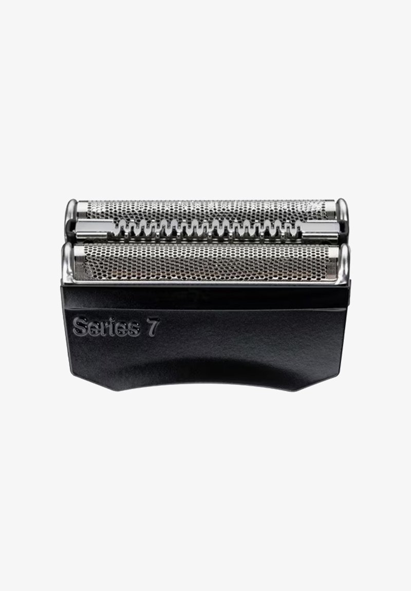 Braun Series 7 foil shaver head in silver and black. Features two metallic foils, mesh design, and a smooth, curved black base.