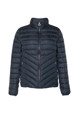 Veste rembourrée marine à col montant, avec un motif en chevrons, fermeture éclair sur le devant et poches latérales. Fabriquée en matériau léger et résistant à l'eau.