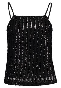 Svart ärmlös topp med tunna remmar, täckt av vertikala rader av paljetter, med en något genomskinlig svart nederkant.