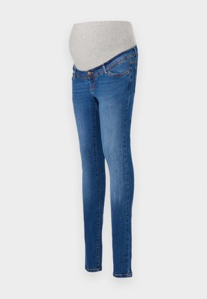 Zwangerschapsjeans in blauwe denim met een aansluitende pasvorm. Voorzien van een grijze stretchband voor extra comfort. Klassiek vijfzakkenontwerp met een lichte vervaging.