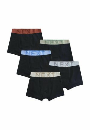 Fünf schwarze Boxershorts mit elastischen Bund in Braun, Grün, Blau, Grau und Beige, jeweils mit dem Wort "NEXT" am Bund.