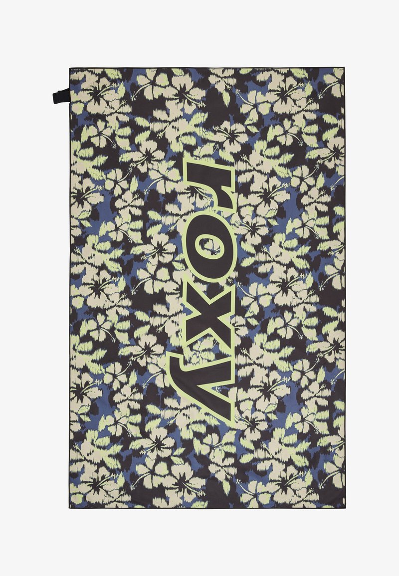 Serviette de plage rectangulaire avec un fond sombre et un motif floral dans des tons de bleu et de vert, affichant de manière proéminente le mot "ROXY" en lettres grasses.