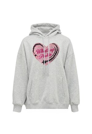Felpa con cappuccio grigio chiaro con tasca frontale, con una grafica a cuore rosa e il testo "What's up Pokie" al centro.
