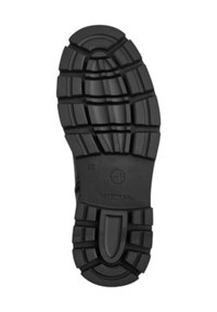 Semelle de chaussure en caoutchouc noir avec des motifs et rainures profonds pour l'adhérence ; comporte un logo de marque embossé et des indications de taille.