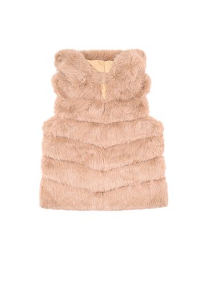Gilet in finta pelliccia di un beige chiaro con un motivo a zigzag, colletto alto e foderatura interna liscia, caratterizzato da un design senza maniche e senza chiusure visibili.