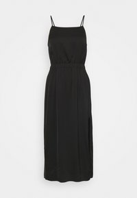 Robe maxi noire avec des bretelles spaghetti réglables, une taille élastique et une fente sur le côté, fabriquée dans un tissu lisse et léger.