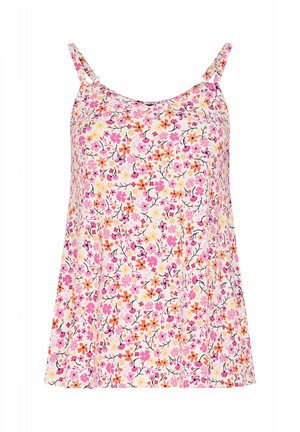 Różowy i biały bezrękawnik z cienkimi ramiączkami, z wzorem kwiatów pomarańczowych, żółtych i fioletowych na jasnym tle.
