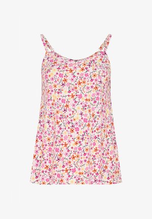 Mouwloos roze-wit bloemen tanktop met dunne bandjes, met oranje, gele en paarse bloemenpatronen op een lichte achtergrond.
