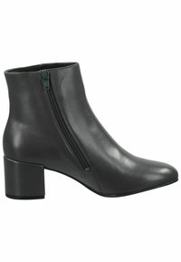 Stivale alla caviglia in pelle nera con zip laterale, caratterizzato da un tacco a blocco e un design a punta. Texture liscia e silhouette elegante.