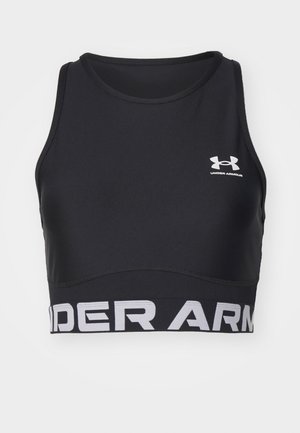 Schwarzer Sport-BH aus glattem, leichtem Material. Mit Rundhalsausschnitt, breitem elastischem Bund mit "UNDER ARMOUR" in Weiß und ärmellosem Design.