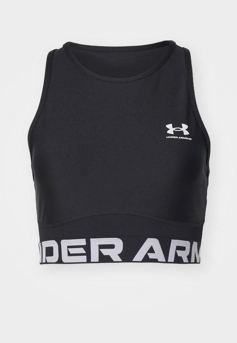 Bra sportivo nero realizzato in tessuto liscio e leggero. Presenta un collo rotondo, una larga fascia elastica con la scritta "UNDER ARMOUR" in bianco e un design senza maniche.