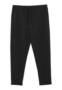 Schwarze tapered Jogginghose mit elastischem Bund, verstellbarem Kordelzug, Seitentaschen und Bündchenabschlüssen.
