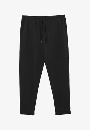 Black tapered sweatpants with elastic waistband, adjustable drawstring, side pockets, and cuffed hems.