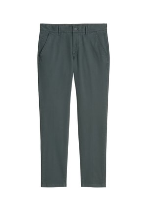 Chinos gris foncé fabriqués à partir d'un mélange de coton lisse. Dotés de poches latérales, d'une fermeture éclair et d'un bouton unique à la taille.