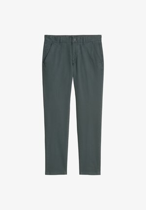 Donkere grijze chino's gemaakt van een gladde katoenmengeling. Voorzien van zijzakken, een ritssluiting en een enkele knoopsluiting in de taille.