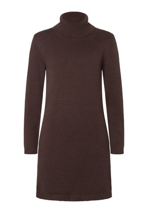 Brauner Strickkleid mit hoch geschnittenem Rippkragen, langen Ärmeln sowie Rippbündchen und -saum. Weicher Stoff, knielange Länge.