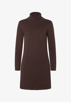 Robe pull tricotée marron avec un col roulé côtelé haut, des manches longues et des poignets et un ourlet côtelés. Texture douce, longueur mi-cuisse.