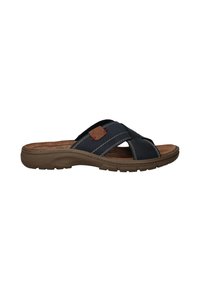 Sandalen met kruislings banden in marineblauw synthetisch materiaal met bruin lederen accenten. Ze zijn voorzien van een gevoerd voetbed en een getextureerde rubberen loopzool.