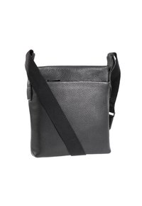 Bolso bandolera negro de cuero con un acabado texturizado, correa ajustable y un bolsillo frontal. Forma rectangular compacta, con un hardware mínimo.