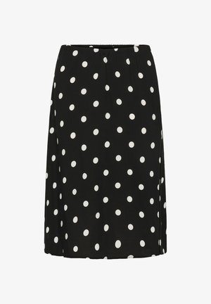 Schwarzer knielanger Rock mit weißen Polka-Dots, geradem Schnitt und elastischem Bund.