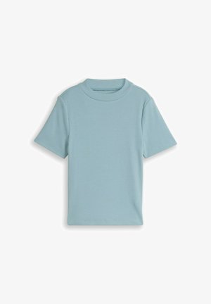Lyseblå kortærmet ribstrikket t-shirt til småbørn med rund halsudskæring, vist fladt på en hvid baggrund.