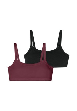 Two bras in maroon and black. Made of smooth, stretchy fabric. Each features thin straps and a simple design without embellishments.