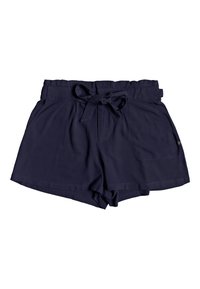 Granatowe szorty z szerokim elastycznym pasem, wiązaniem z przodu, dwoma kieszeniami po bokach oraz luźnym krojem zapewniającym wygodę. Gładka tkanina bez wzorów.