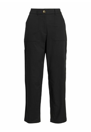 Pantalon noir taille haute à jambe droite avec poches plaquées à l'avant et une fermeture à un bouton sur la ceinture.