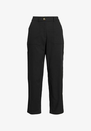 Mustad kõrge vöökohaga sirged püksid eessete taskutega ja vööaugu esiosal ühe nööbiga sulgur.