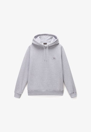 Grijze sweatshirt met een capuchon, lange mouwen en een voorknoopzak. Voorzien van trekkoorden en een klein logo op de borst. Zachte stoftextuur.