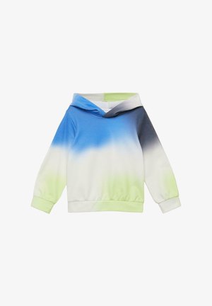 Vaikiškas džemperis su gobtuvu ir ilgomis rankovėmis, margintas gradientiniu dizainu nuo mėlynos per baltą iki šviesiai žalios spalvos, su sulenktu gobtuvu.