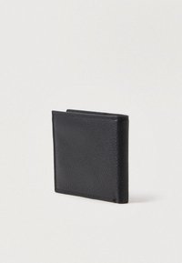 Black leather wallet with a textured surface. Compact design, rectangular shape, and visible stitching along the edges. No visible hardware.