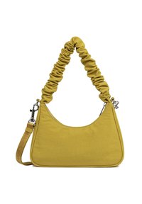 Mosterdgele handtas met geraffineerde schouderband en afneembare dunne strap, zilverkleurige hardware en afgeronde rechthoekige vorm.