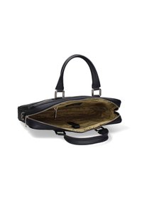 Zwarte leren tas met twee bovenhandvaten, ritsluiting en een ruime beige binnenkant met een herhalend logo-patroon.