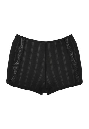 Zwarte katoenen shorts met verticale strepen, voorzien van een kantpaneel aan de zijkant, een gladde textuur en een elastische tailleband.