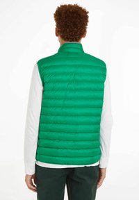 Grüne gepolsterte Weste mit hohem Kragen, strukturiertem, gestepptem Design, ärmelloser Schnitt und glatter, glänzender Außenseite. Darunter ein weißes Langarmshirt.