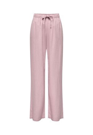 Pantalon rose clair à coupe ample avec taille élastique et cordon, jambes droites, pas de poches visibles, design simple.