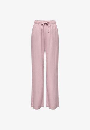 Pantalones de color rosa claro de corte suelto con cintura elástica y cordón, piernas rectas, sin bolsillos visibles, diseño sencillo.