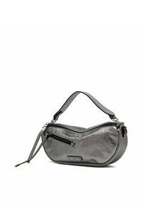 Borsa a tracolla grigio metallico con forma curva, dotata di manico superiore, due tasche con zip e texture liscia. Dettagli di design minimalista.