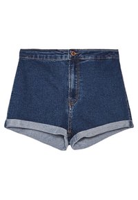 Shorts di jeans con un lavaggio scuro, orlo arrotolato, chiusura frontale con bottone e design con una singola tasca. Il tessuto ha una texture liscia.