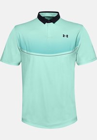 Ljus teal polo skjorta med svart krage, med texturerat övre tyg och ett tunt svart rand över bröstet.