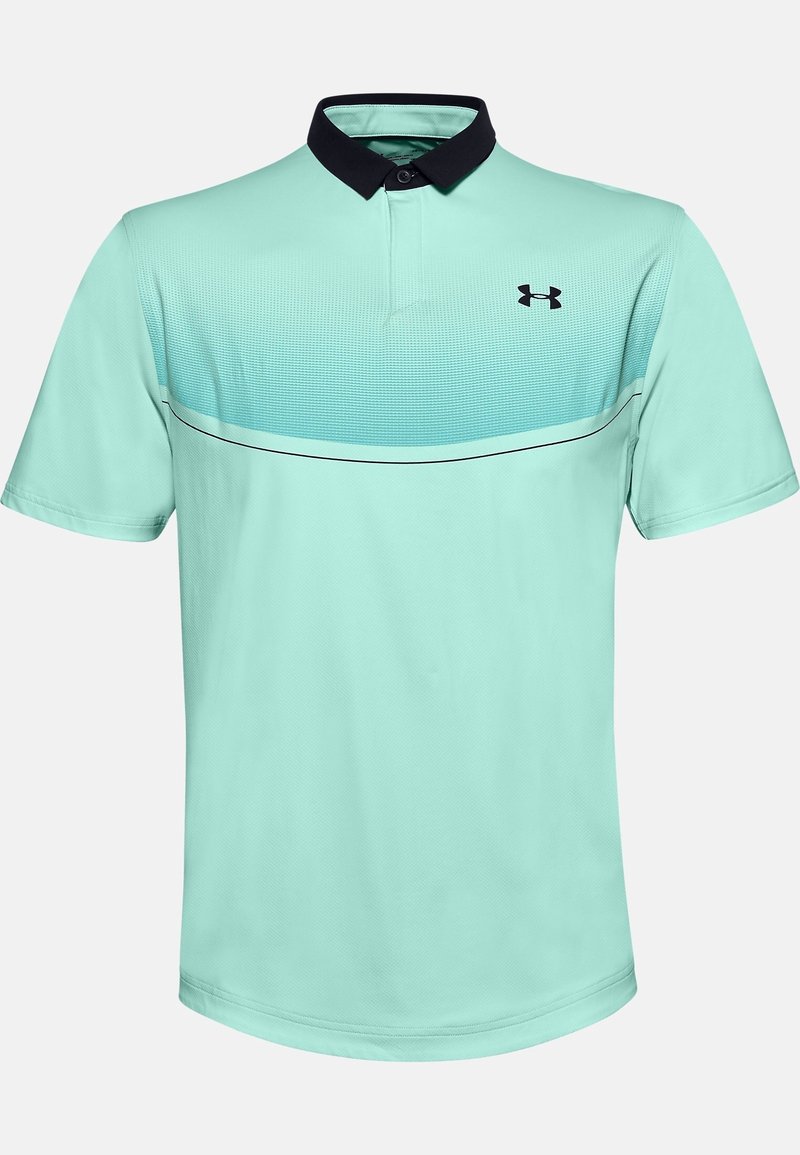 Ljus teal polo skjorta med svart krage, med texturerat övre tyg och ett tunt svart rand över bröstet.