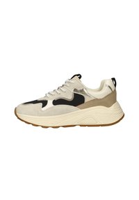 Sneakers met een mix van beige, zwart en metallic accenten. Bovenwerk van suede en mesh, gevoerde zool, vetersluiting aan de voorkant, met een doorwerkte rubberen buitenzool.