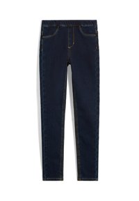 Jeans skinny blu scuro con cinturino elastico, cuciture gialle, due tasche frontali e una texture di denim liscia.